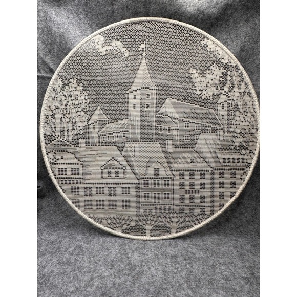 Other - Vintage Round Lace Doily Pictorial European Village Scene Cream 11 Inch